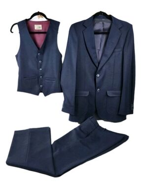 Vintage 70s Angels Flight Tobias Kotzin 3Pc Disco Suit Coat Vest Pants Blue Navy